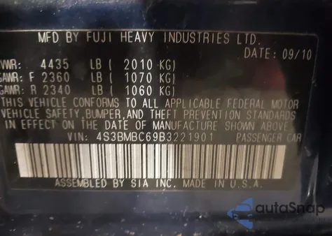 2011 Subaru Legacy 2.5I Premium из США, поврежденный, VIN 4S3BMBC69B3221901